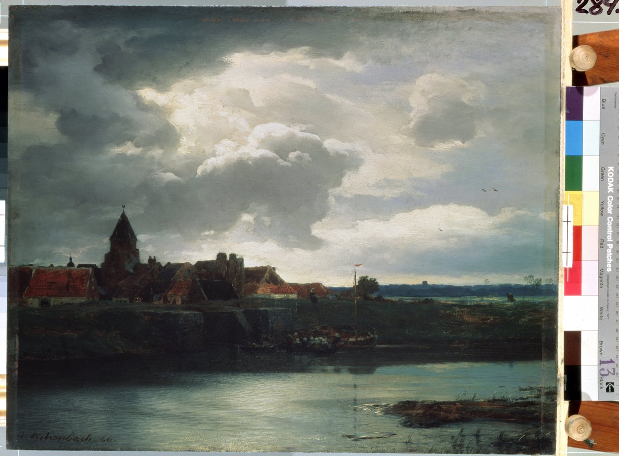 ""Village Landscape On A River"" (Landskap med en elv) Maleri av Andreas Achenbach (1815-1910) 1866 Saint Petersburg, Eremitagemuseet av Andreas Achenbach
