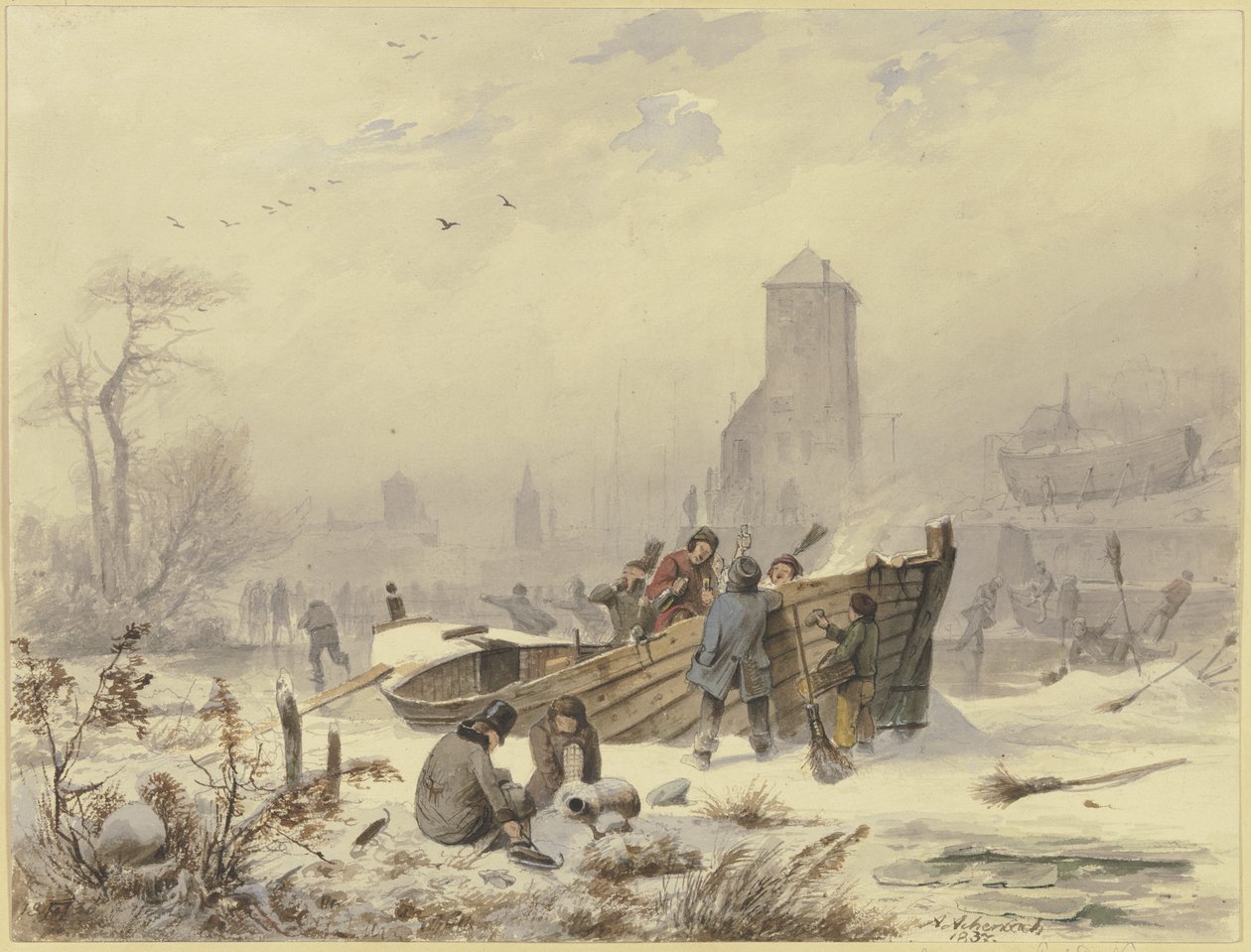 Båtførere ved et fastfrosset skip av Andreas Achenbach