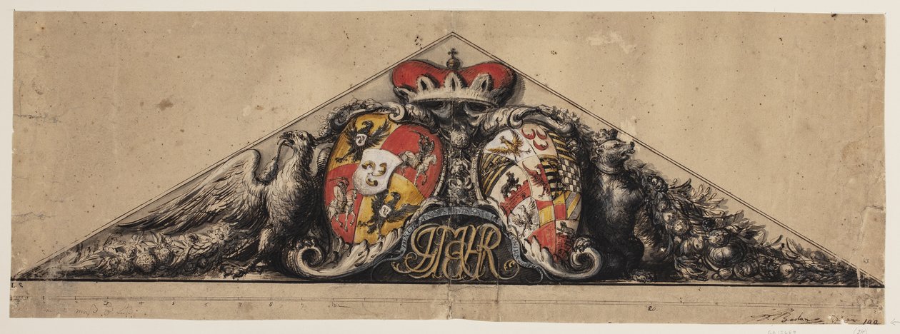 Heraldisk utkast innebygd i et trekantet pediment av Andreas Bodan II