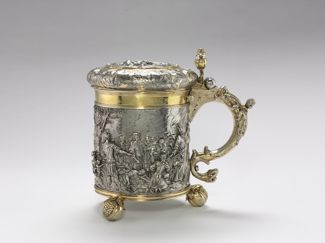 Tankard, sent på 1600-tallet (kuttet og sømt sølvark, repoussé og jaget ornament, støpt håndtak og føtter, delvis forgylt) av Andreas Brachfeldt