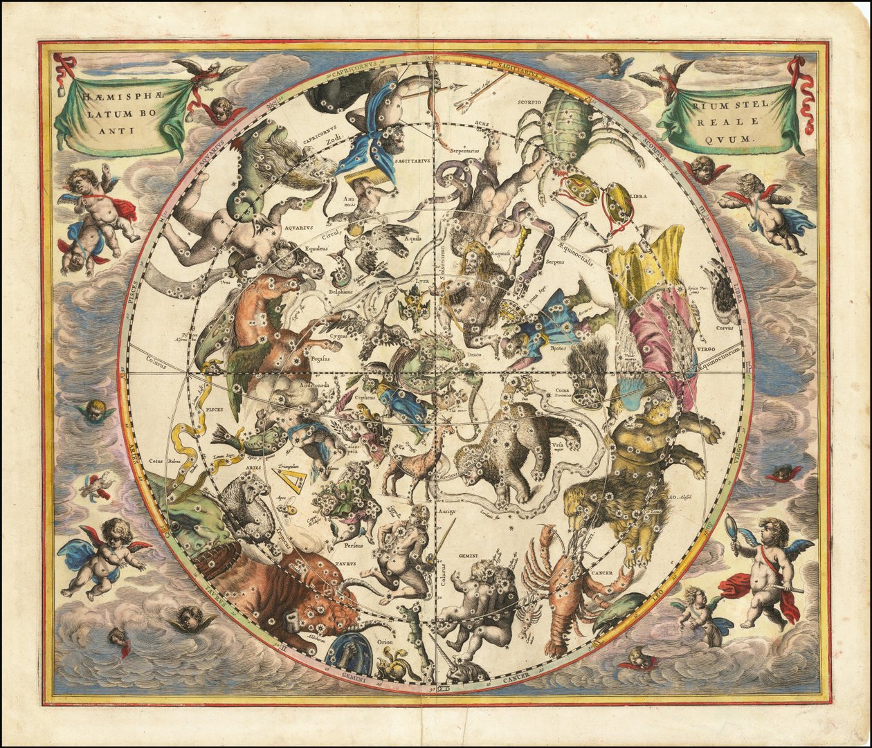 Himmelkart fra 1660 som illustrerer stjernebildene på den nordlige halvkule lagt over jordens sørlige halvkule av Andreas Cellarius