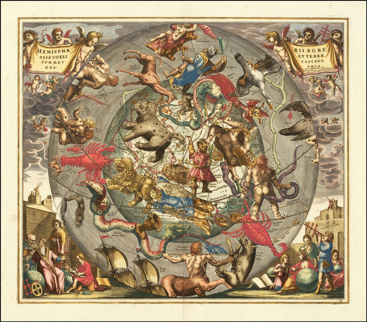1708 himmelkart - Heimisphaerii Borealis Coeli et Terrae Sphaeri Cascenographia av Andreas Cellarius