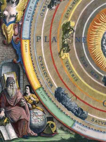 En astronom, detalj fra et kart over planetene, fra puben "The Celestial Atlas, or The Harmony of the Universe" (Atlas coelestis seu harmonia macrocosmica). av Joannes Janssonius, Amsterdam av Andreas Cellarius