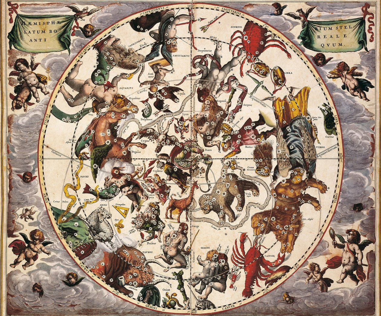Cellarius, Andreas (1596-1665). Himmelsk atlas eller makrokosmisk harmoni. 1661. Fol 24. Gammel stjernehimmel boreal. Representasjon av den nordlige halvkule. Trykket i Amsterdam av Johannes Janssonius. Tidlig moderne tid Gravering. SPANIA C av Andreas Cellarius