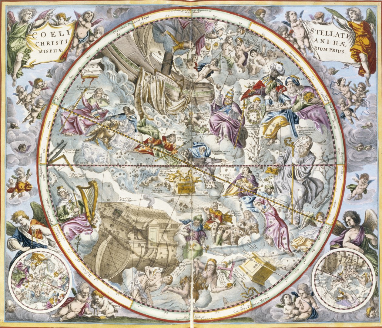 Kart over de kristne konstellasjonene som avbildet av Julius Schiller, fra The Celestial Atlas, eller The Harmony of the Universe atlas coelestis seu harmonia macrocosmica pub. av Joannes Janssonius, Amste av Andreas Cellarius