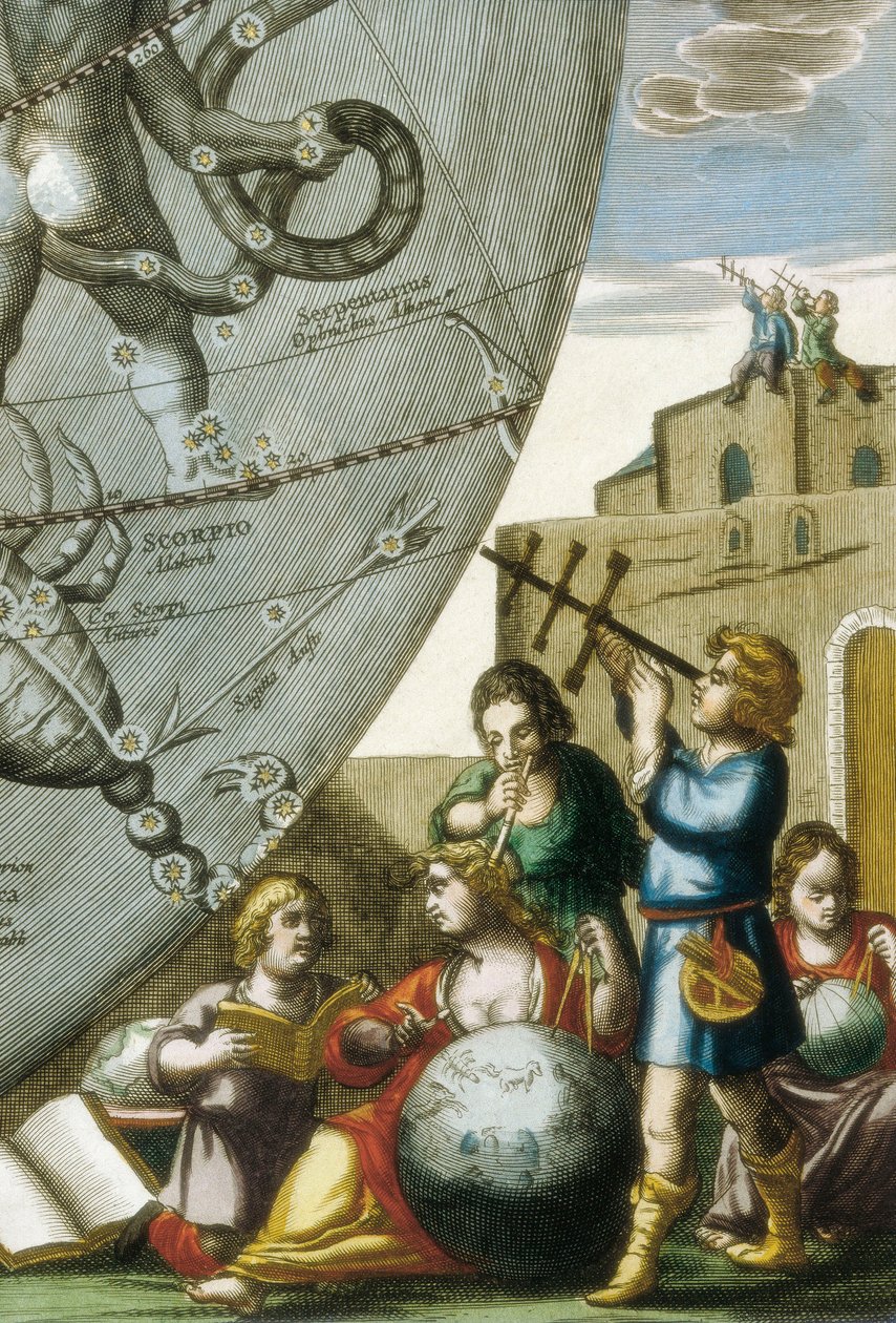Forskere (astrologer og astronomer) som studerer jordkloder og himmelkartet, detalj fra Atlas Coelestis seu Harmonia Macrocosmica av Andreas Cellarius (1596-1665) av Andreas Cellarius