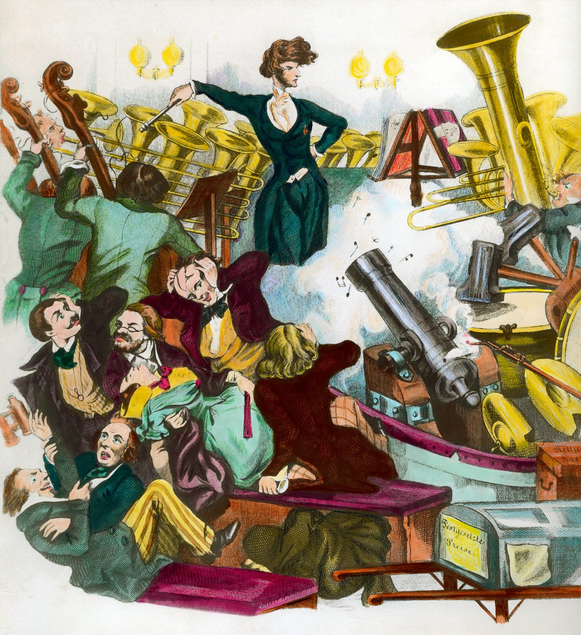 Satire av Hector Berlioz (1803-1869) som dirigerer et orkester. Satiretrykk av Andreas Geiger av Andreas Geiger