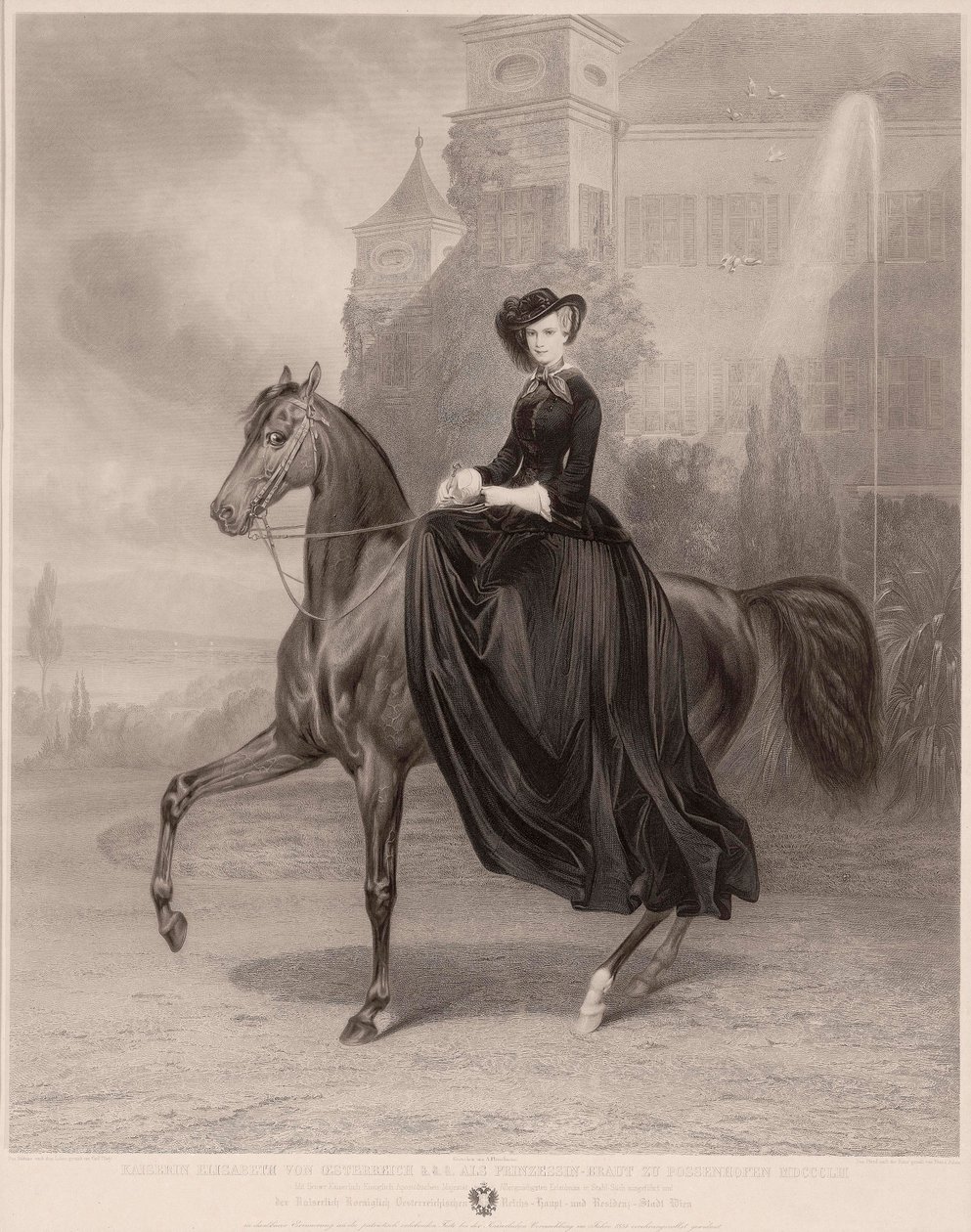 Rytterportrett av Elizabeth av Bayern (1837-1898) (keiserinne av Østerrike, ofte kjent som Sissi). Verk av Andreas Johann Fleischmann (1811-1878), gravering på kobber av Andreas Johann Fleischmann