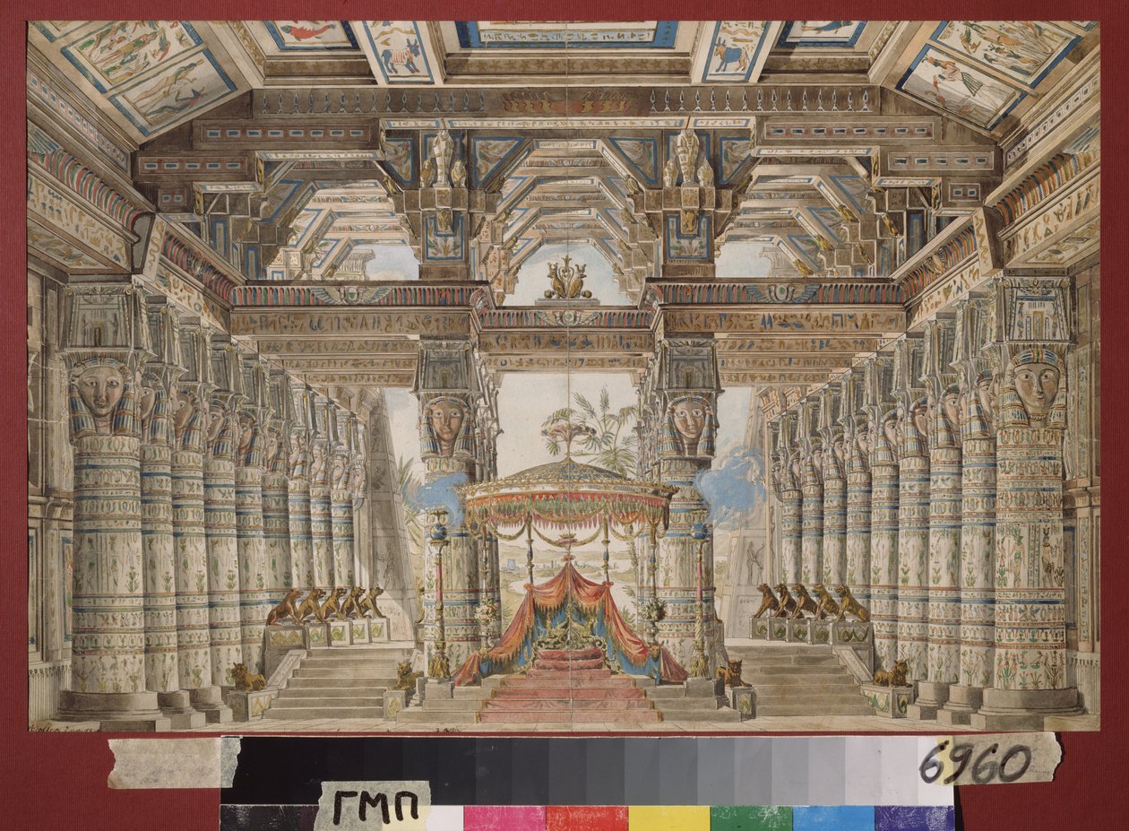 Forberedende dekor for Cesar-balletten i Egypt. Verk av Andreas Leonhard Roller (1805-1891), akvarell og gouache på papir av Andreas Leonhard Roller