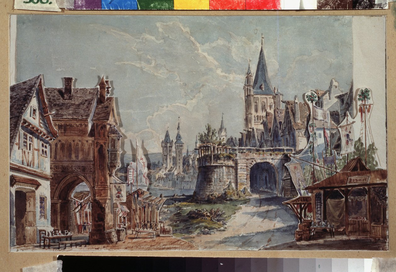 Forberedende dekor til balletten Faust av Cesare Pugni (1802-1870). Verk av Andreas Leonhard Roller (1805-1891), akvarell og blekk på papir av Andreas Leonhard Roller