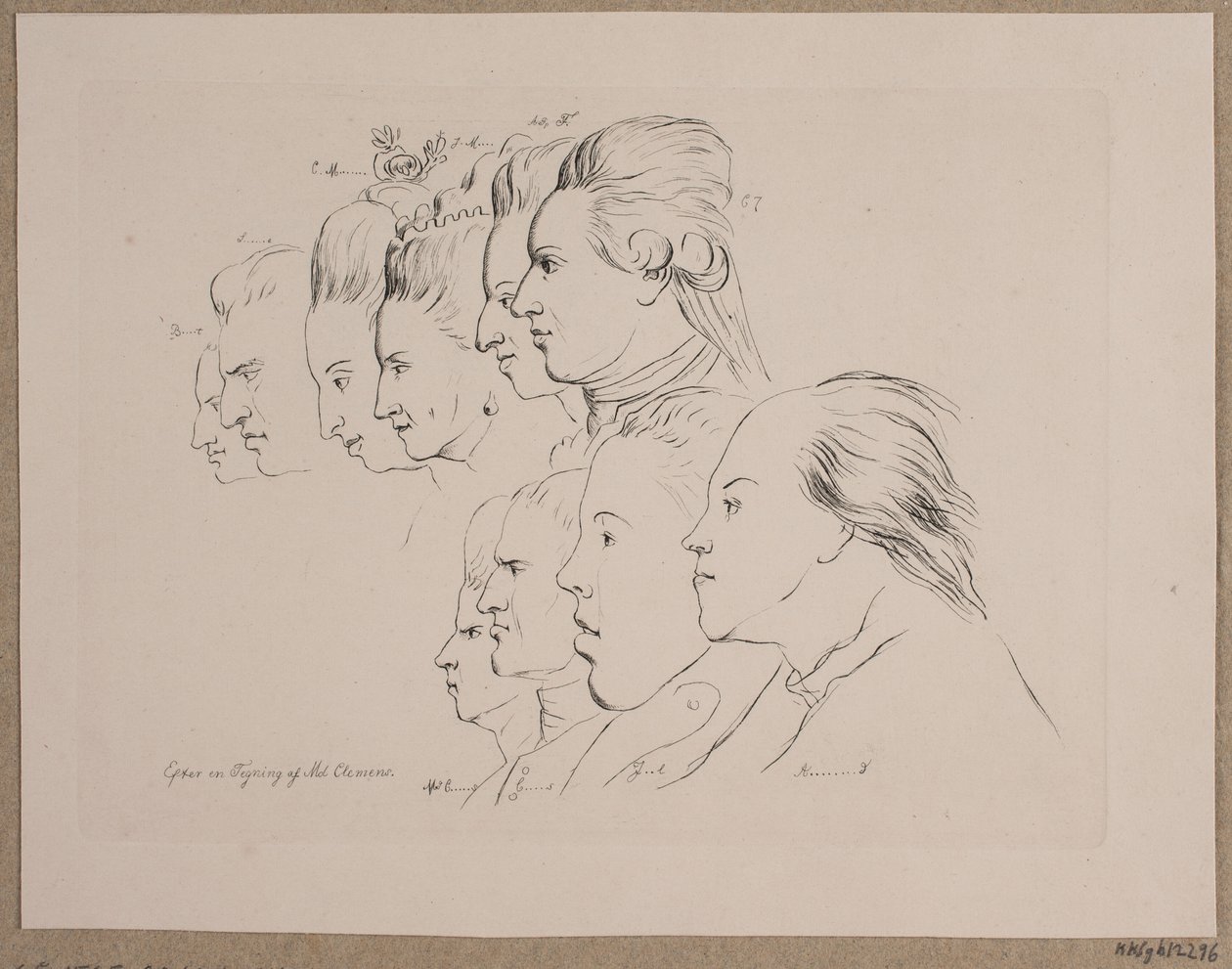 10 portretter: Enevold Brandt, Johann Friedrich Struensee, Caroline Mathilde, Julieane Marie, Arveprins Frederik, Christian VII, Marie Jeanne Clemens, J. F. Clemens, Jens Juel og Nicolai Abildgaard av Andreas Peter Madsen