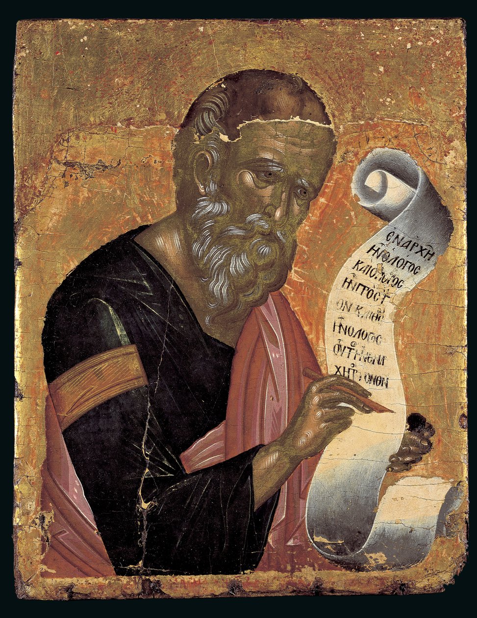 St. Johannes teologen, skriver sine åpenbaringer på en åpen rulle (eggtempera på panel) av Andreas Rico
