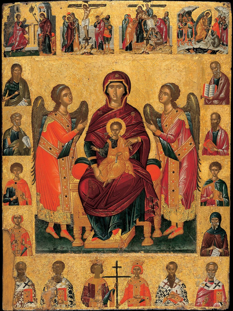 Jomfruen og barnet på tronen (med to engler er scenen innrammet av skikkelsene til evangelistene og helgenene, overvunnet av scenene fra lidenskapen og nedenfor, kirkens patriarker) (Jomfruen og barnet på tronen) - Ikon av Andreas av Andreas Ritzos