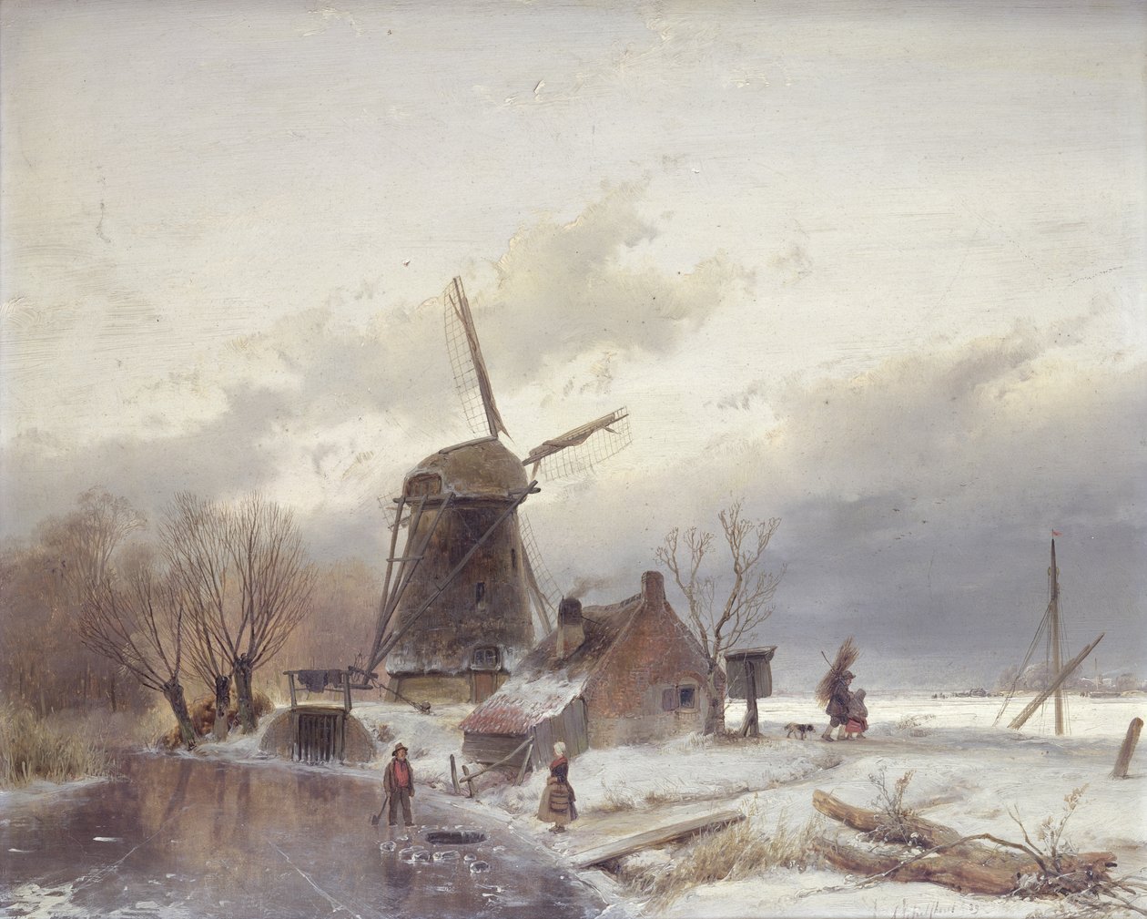 Et frossent elvelandskap med en vindmølle (olje på vindmølle) av Andreas Schelfhout