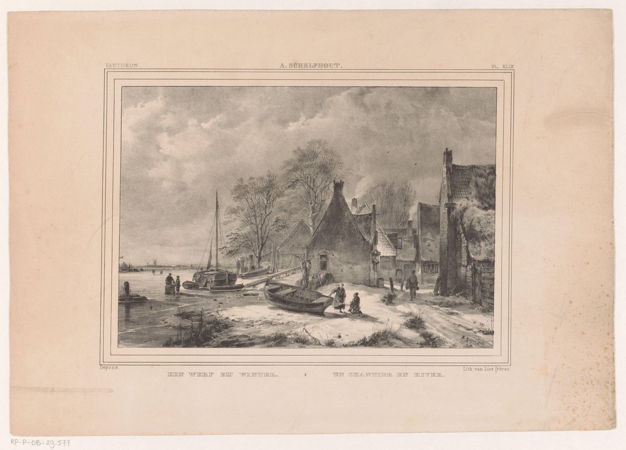 Frossen elv nær landsbyen En hage om vinteren / Un chantier en hiver (tittel på objekt) av Andreas Schelfhout