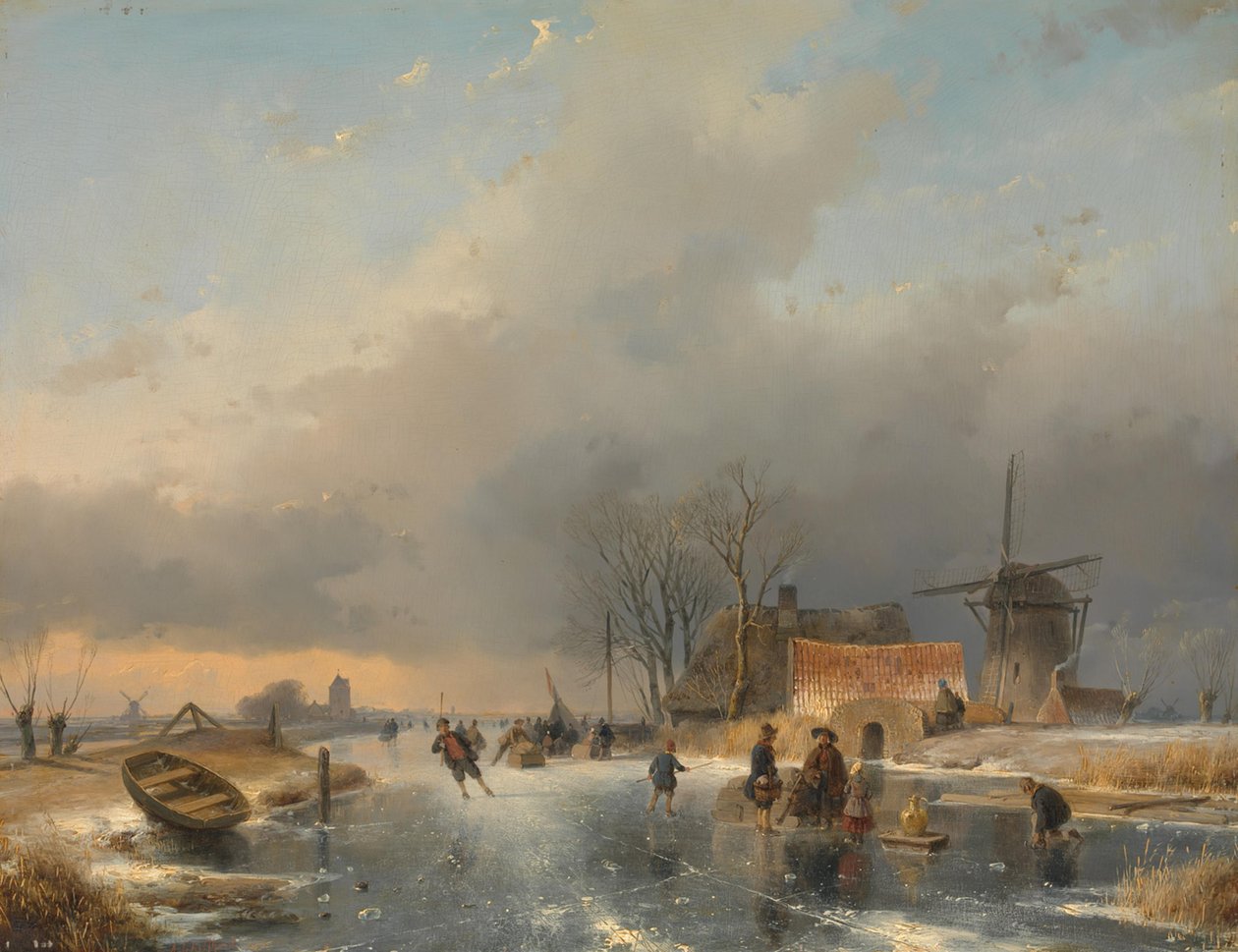 Et vinterlandskap, til høyre en mølle og boliger ved en frossen kanal av Andreas Schelfhout