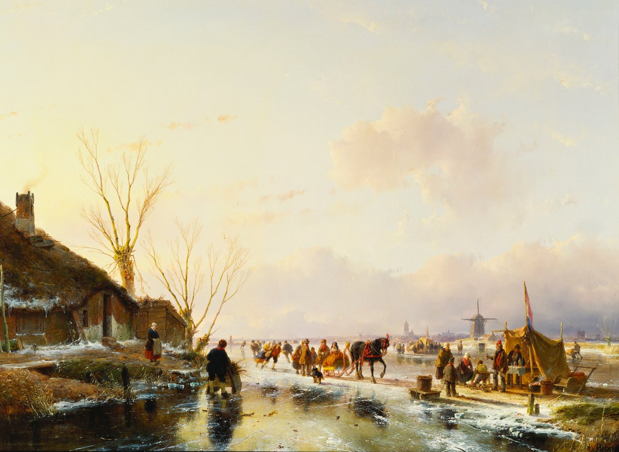 Skatere ved en messe på en frossen elv, 1850 av Andreas Schelfhout