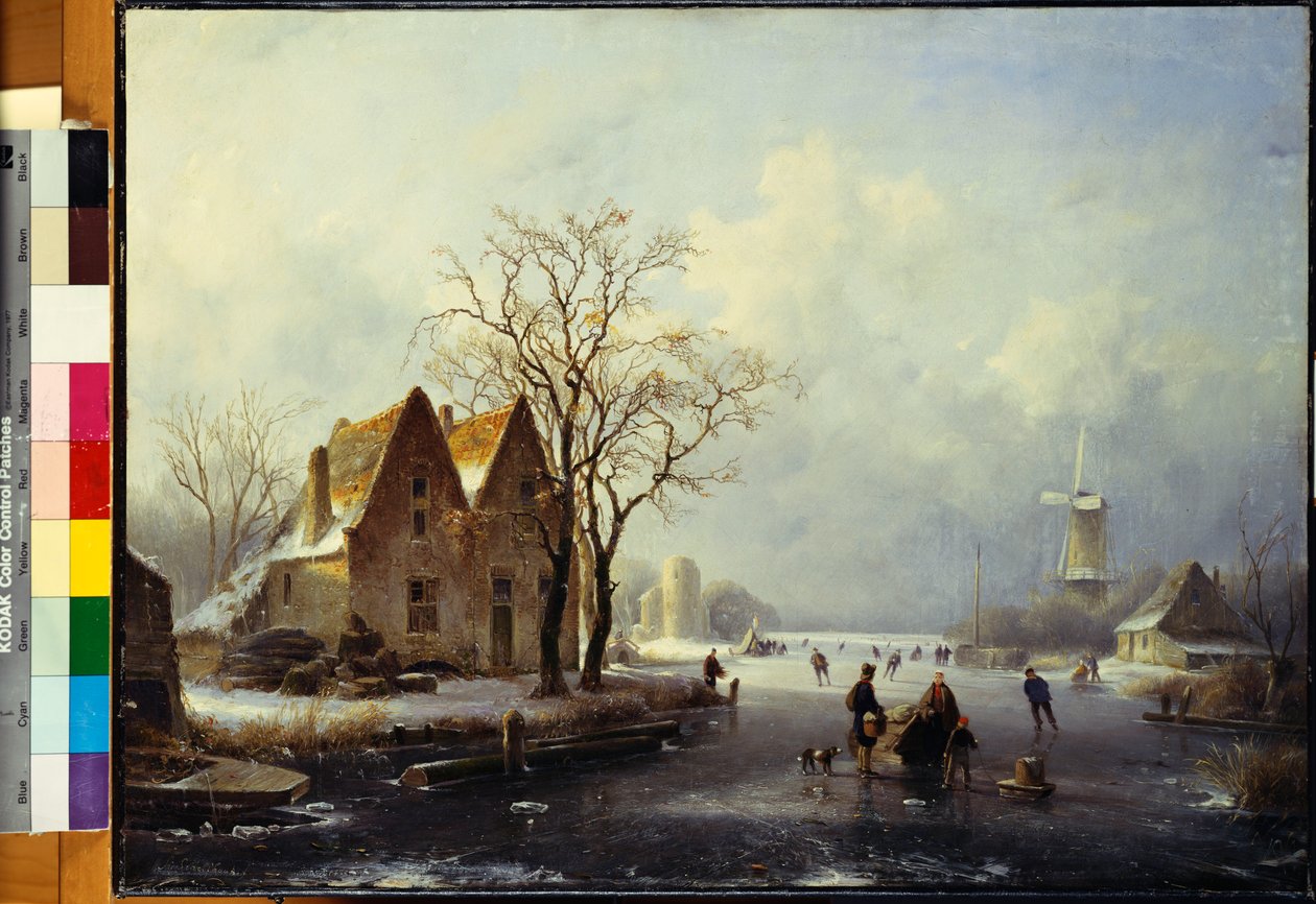 Skatere i et frossent vinterlandskap av Andreas Schelfhout