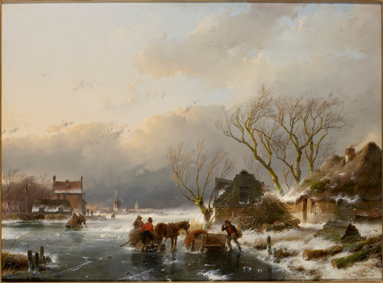 Vinterlandskap med en frossen elv, 1847. av Andreas Schelfhout