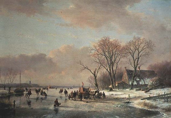 Vinter elvelandskap med mange skatere av Andreas Schelfhout