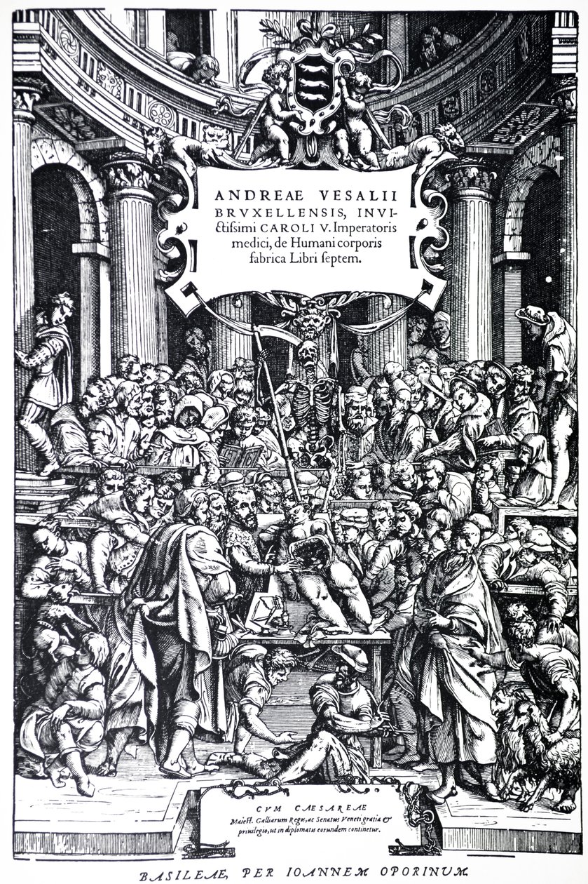 Tittelside til den andre utgaven av De Humani Corporis Fabrica, plate 3, 1555 av Andreas Vesalius