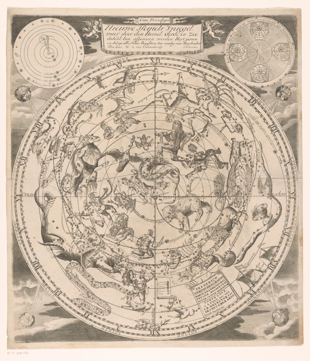 Himmelkart med de nordlige stjernebildene Nytt himmelspeil: hvor gjennom himmelen, jorden og havet umiddelbart (...) (tittel på objekt) av Andreas van Luchtenburg (possibly)