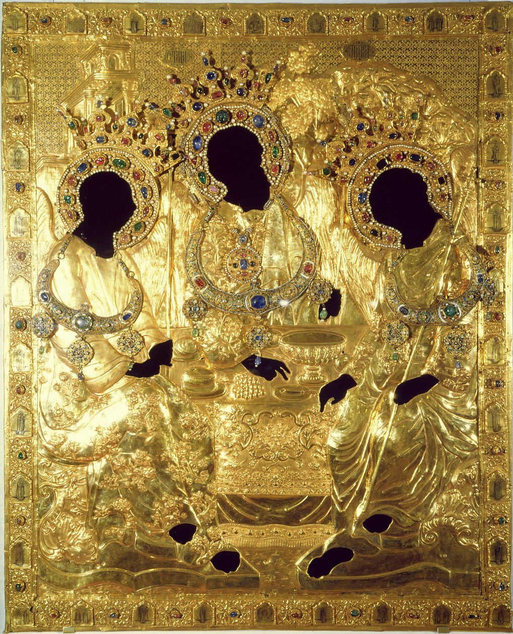 Oklad, eller omslag av Treenighetsikonet (gull og sølv med edelstener og perler) (detalj) av Andrei Rublev
