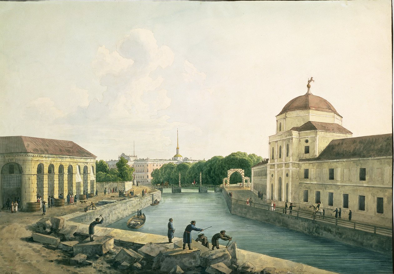 Utsikt over Moika-elven ved Imperial Stables, 1809 (wc og blekk) av Andrei Yefimovich Martynov