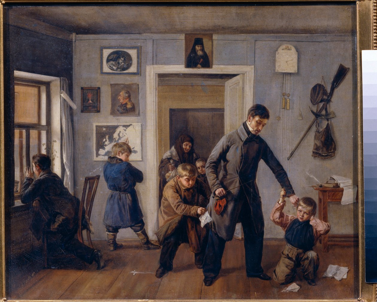 På skolen. En lærer på landet tar en gutt ved øret i klasserommet der andre gutter lager morsomme ansikter og grimaser. Maleri av Andrei Andreyevich Popov (1832-1896), olje på lerret av Andrei Andreevich Popov