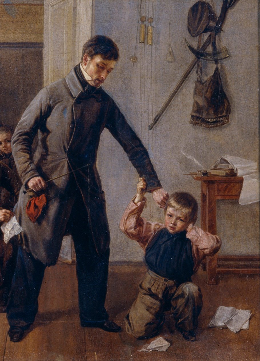 På skolen. En landsskolelærer tar en gutt ved øret i klasserommet der andre gutter lager morsomme ansikter og grimaser. Maleri av Andrei Andreyevich Popov (1832-1896), detalj, olje på lerret av Andrei Andreevich Popov