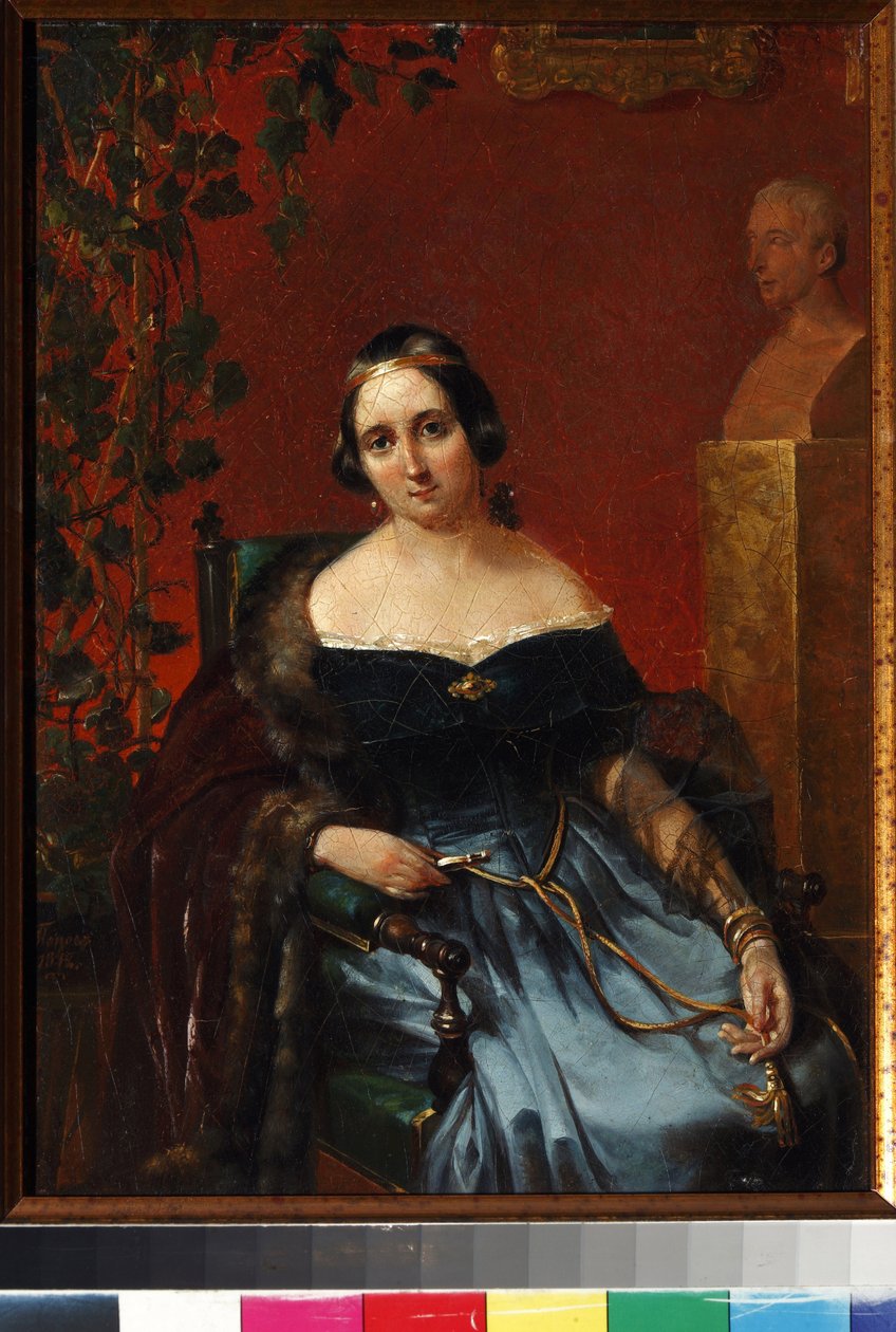 Portrett av Anna Alexeevna Andrault (1808-1888), født Olenina par Popov, Andrei Andreyevich (1832-1896). Olje på papp av Andrei Andreevich Popov