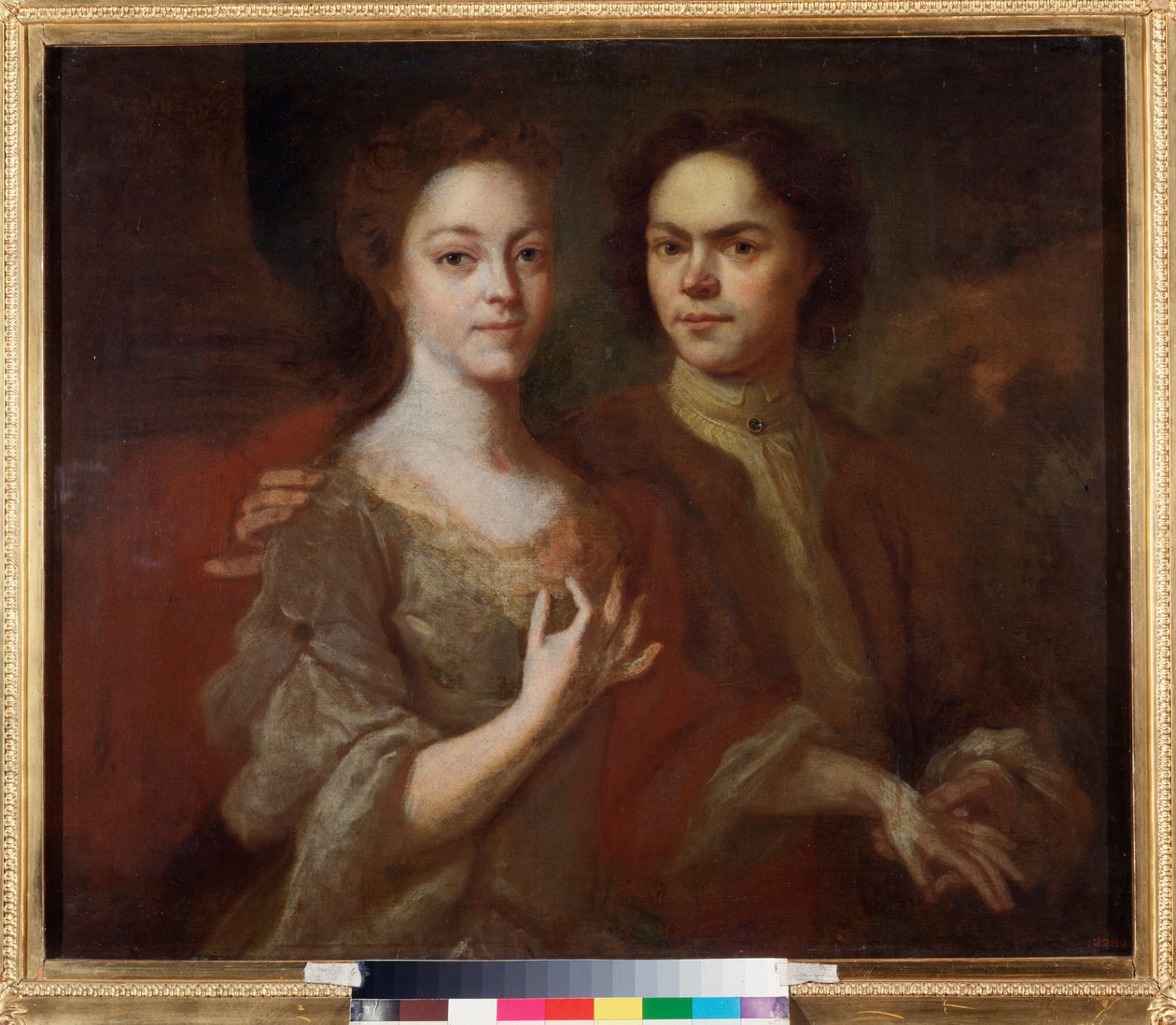 Selvportrett med sin kone (Self Portrait with the Wife) - Maleri av Andrei Matveyevich Matveyev (Matveiev) (1701-1739), olje på lerret, ca 1729 - Russisk kunst, 1700-tallsportrett - Statens russiske museum, St. Petersburg av Andrei Matveyev