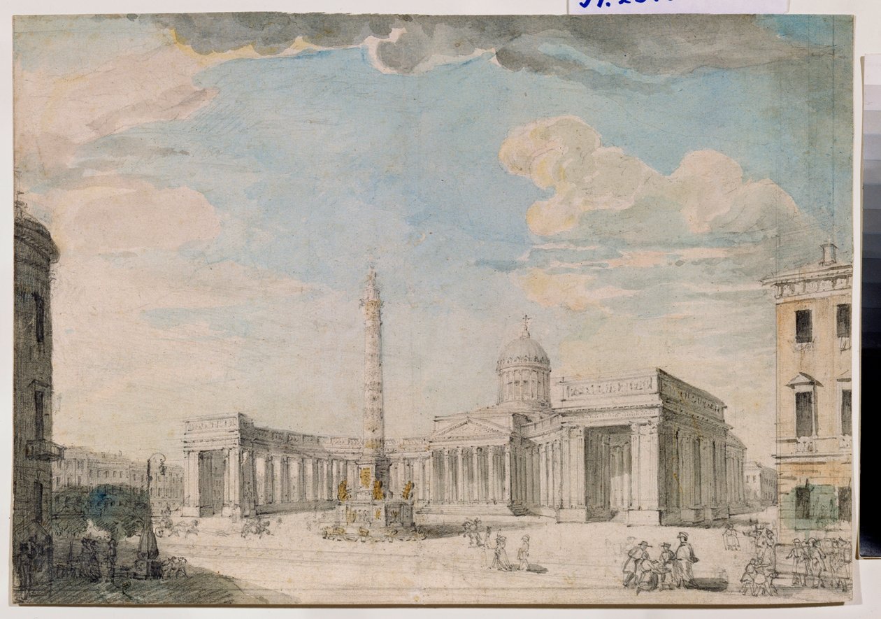 La cathedrale Notre Dame de Kazan (Notre-Dame-de-Kazan) a Saint Petersburg (Kazan-katedralen i St Petersburg) - Verk av Andrei Nikiforovich Voronikhin (Voronikhine) (1759-1814), blyant og akvarell på papir, rundt 1800, Russisk kunst 1700-1800-tallet, kl av Andrei Nikiforovich Voronikhin