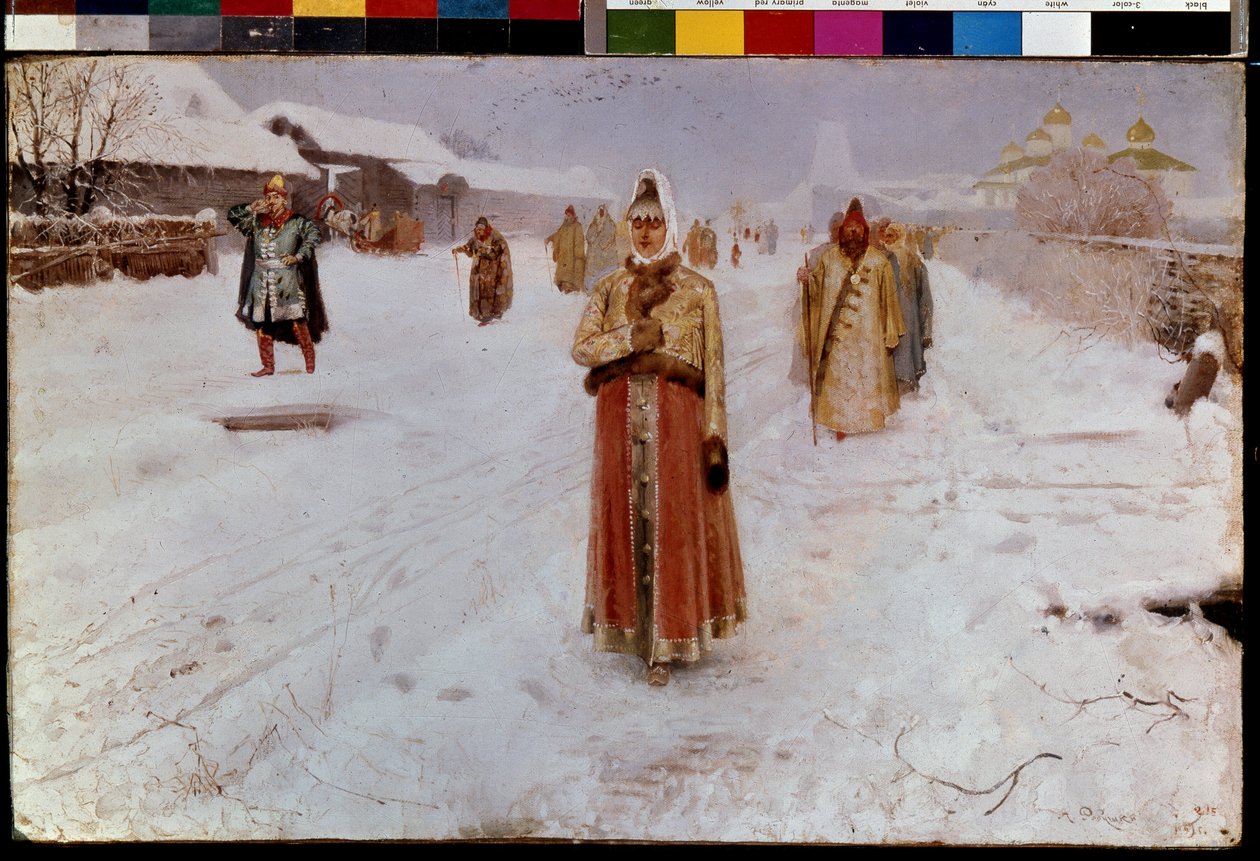 søndag (søndag). Om vinteren, på en snødekt vei i Storhertugdømmet Moskva, i de urolige tidene (1500-1600-tallet) i det gamle Russland, vender Boyars (brett, boiars), menn og kvinner, i tradisjonelle kostymer, tilbake fra kirken. Andres maleri av Andrei Petrovich Ryabushkin