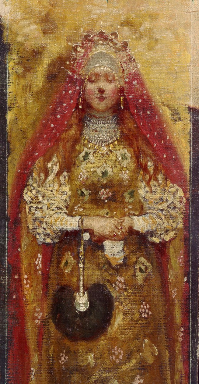 Boyar kvinne (brett, boiar). Detalj. Maleri av Andrei Petrovich Ryabushkin (Riabutchkin) (1861-1904), olje på lerret av Andrei Petrovich Ryabushkin