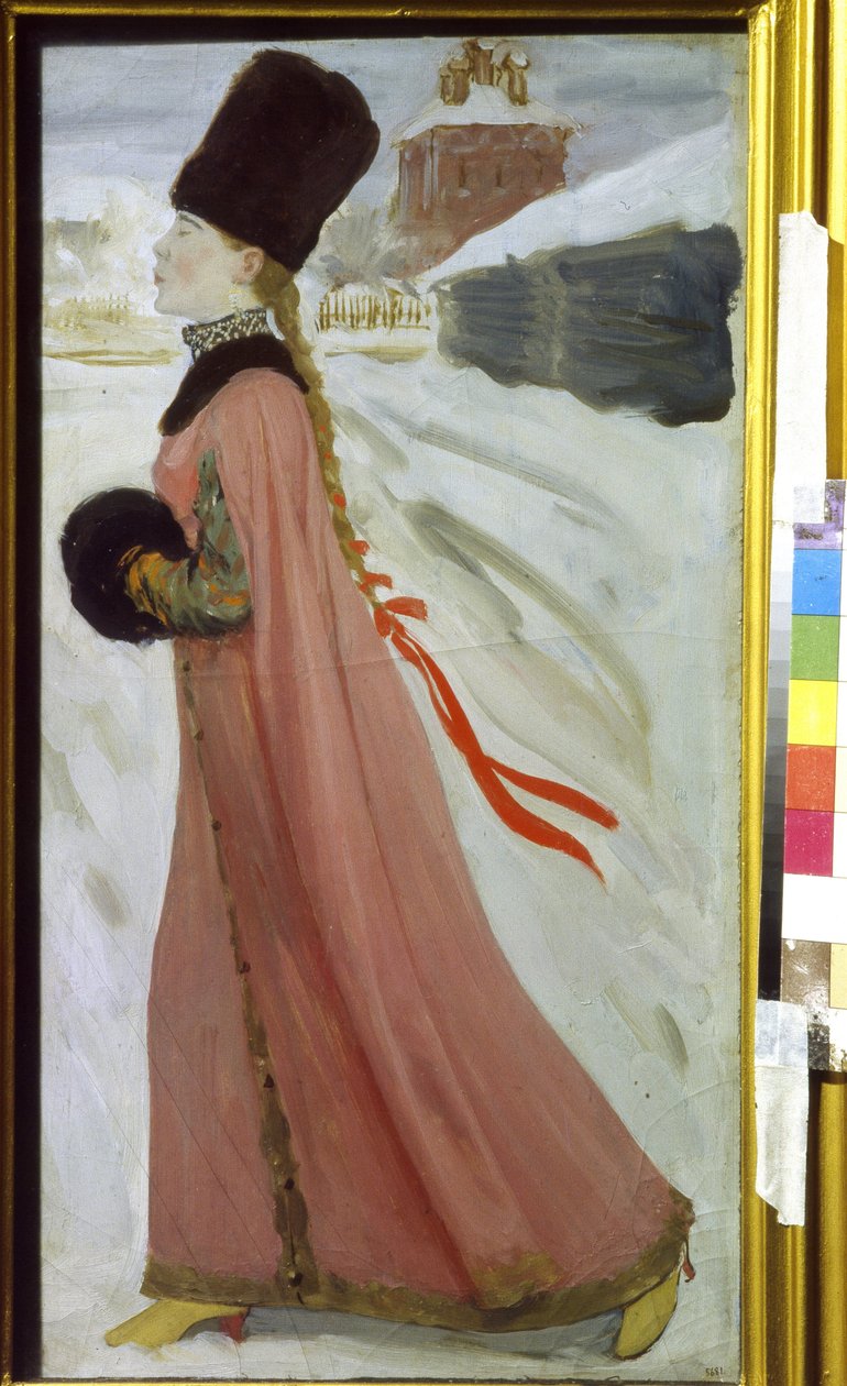 Ung Moskva-jente på 1600-tallet (Moscow Girl of the 17th Century). Portrett av en Boyard (brett, boiar) aristokrat som går arrogant nedover en snødekt gate. Verk av Andrei Petrovich Ryabushkin (Riaboutchkine) (1861-1904), olje på papp av Andrei Petrovich Ryabushkin