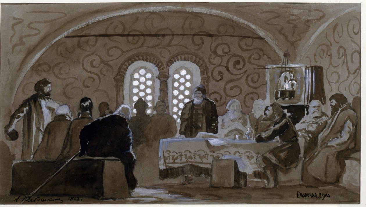Dumaen på Boyars tid (boiards, boiars) (The Boyar Duma). Advisory Council of Princes of Kievan Rus (Ruthenia) på den tiden av tsar Michael I av Russland (1596-1645). Verk av Andrei Petrovich Ryabushkin (Riaboutchkine) (1861-1904), aquare av Andrei Petrovich Ryabushkin