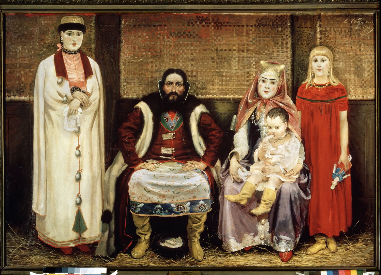 Kjøpmannsfamilien på 1600-tallet. Maleri av Andrei Petrovich Ryabushkin (Riabutchkin) (1861-1904), olje på lerret av Andrei Petrovich Ryabushkin