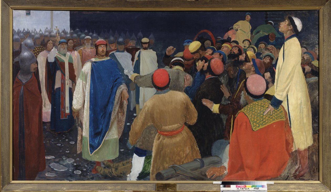 Prins Gleb Sviatoslavitch (død 1079) dreper en volkhve (slavisk spådomsmagiker) ved en veche i Novgorod. Maleri av Andrei Petrovich Ryabushkin (Riabutchkin) (1861-1904), olje på lerret av Andrei Petrovich Ryabushkin