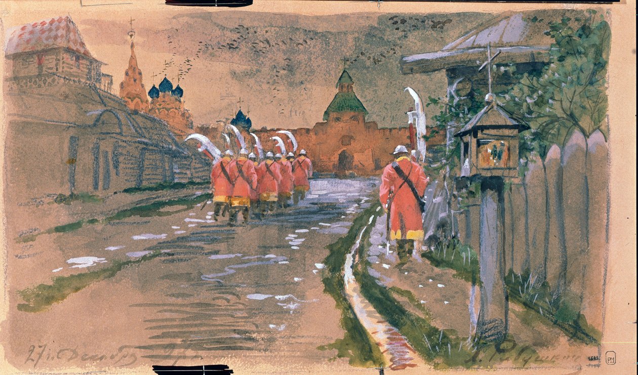 Gatepatrulje ved Ilyinsky-porten i Gamle Moskva. Verk av Andrei Petrovich Ryabushkin (Riaboutchkine) (1861-1904), akvarell på papir av Andrei Petrovich Ryabushkin