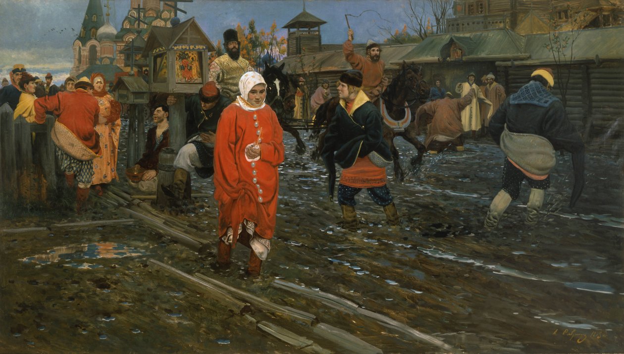 Moscow Street fra det syttende århundre på en offentlig fridag, 1895 av Andrei Petrovich Ryabushkin
