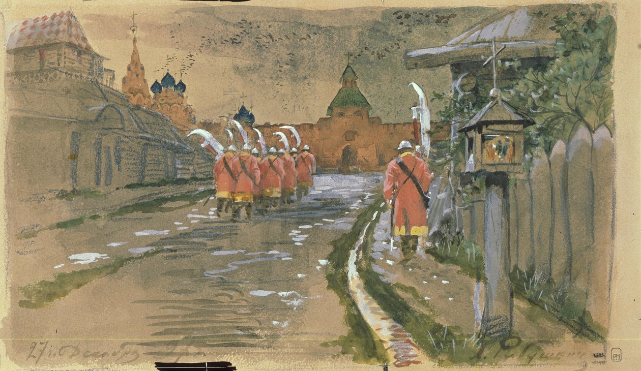 Strelets patrulje ved Ilyinsky-portene i Gamle Moskva, 1897 av Andrei Petrovich Ryabushkin
