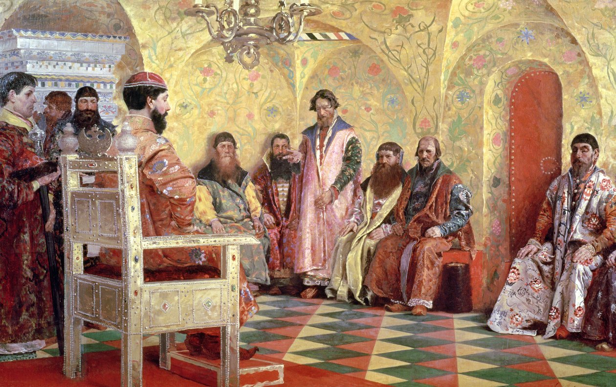 Tsar Mikhail Fyodorovich (1596-1645) med Boyars Sitting in His Room, 1893 av Andrei Petrovich Ryabushkin