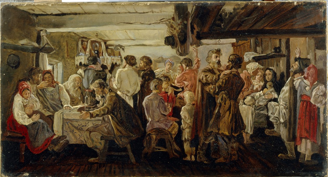 Et bondebryllup i Tambov-regionen (Russland). (Bøndebryllup i Tambov-regionen). Maleri av Andrei Petrovich Ryabushkin (Riaboutchkine) (1861-1904), olje på lerret, ca 1880. Russisk kunst fra 1800-tallet. Statens Tretyakov-galleri, Moskva. av Andrei Petrovich Ryabushkin