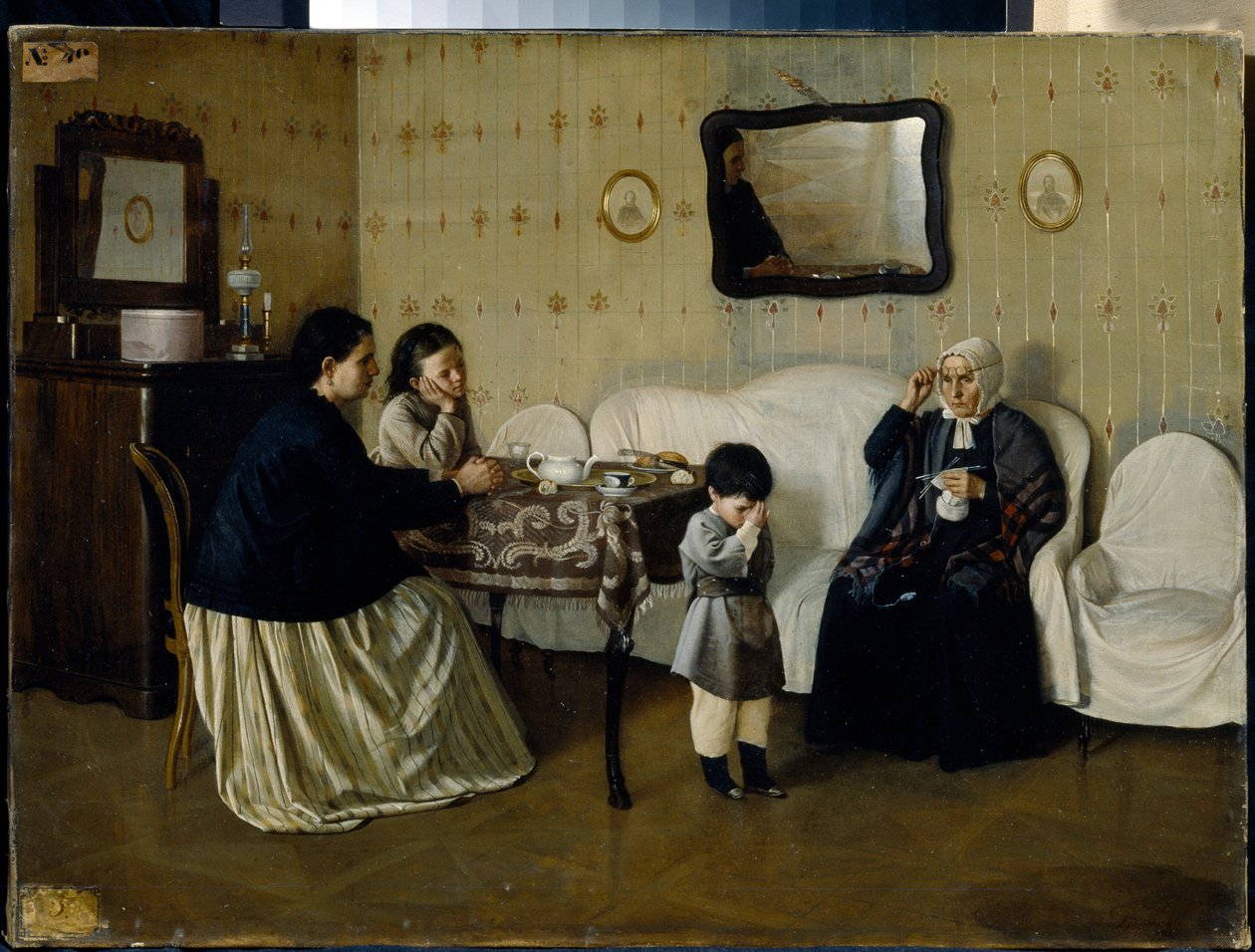 A Family Morning, Teach Child to Pray - Maleri av Andrei Antipovich Rumyantsev (?-1907), olje på lerret av Andrei Rumyantsev