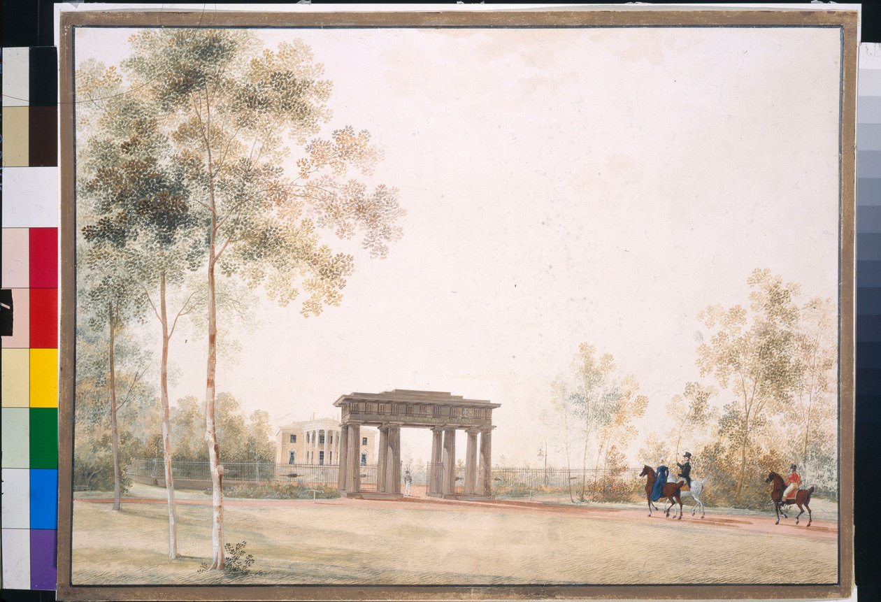 ""Gateway to the Park in Tsarskoye Selo"" av Andrei Yefimovich Martynov (1768-1826), Gouache på papir etter 1821, 38,5x51,5, State Tretyakov Gallery, Moskva av Andrei Yefimovich Martynov