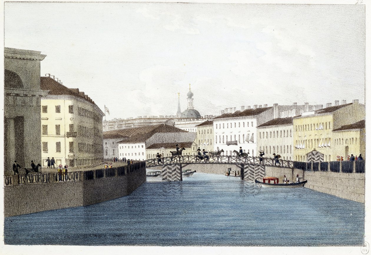 Le pont Bolshoi Koniushennyi i St. Petersburg. (Bolshoi Koniushennyi-broen i St. Petersburg). Lithographie et aquarelle av Andrei Yefimovich Martynov (1768–1826) av Andrei Yefimovich Martynov