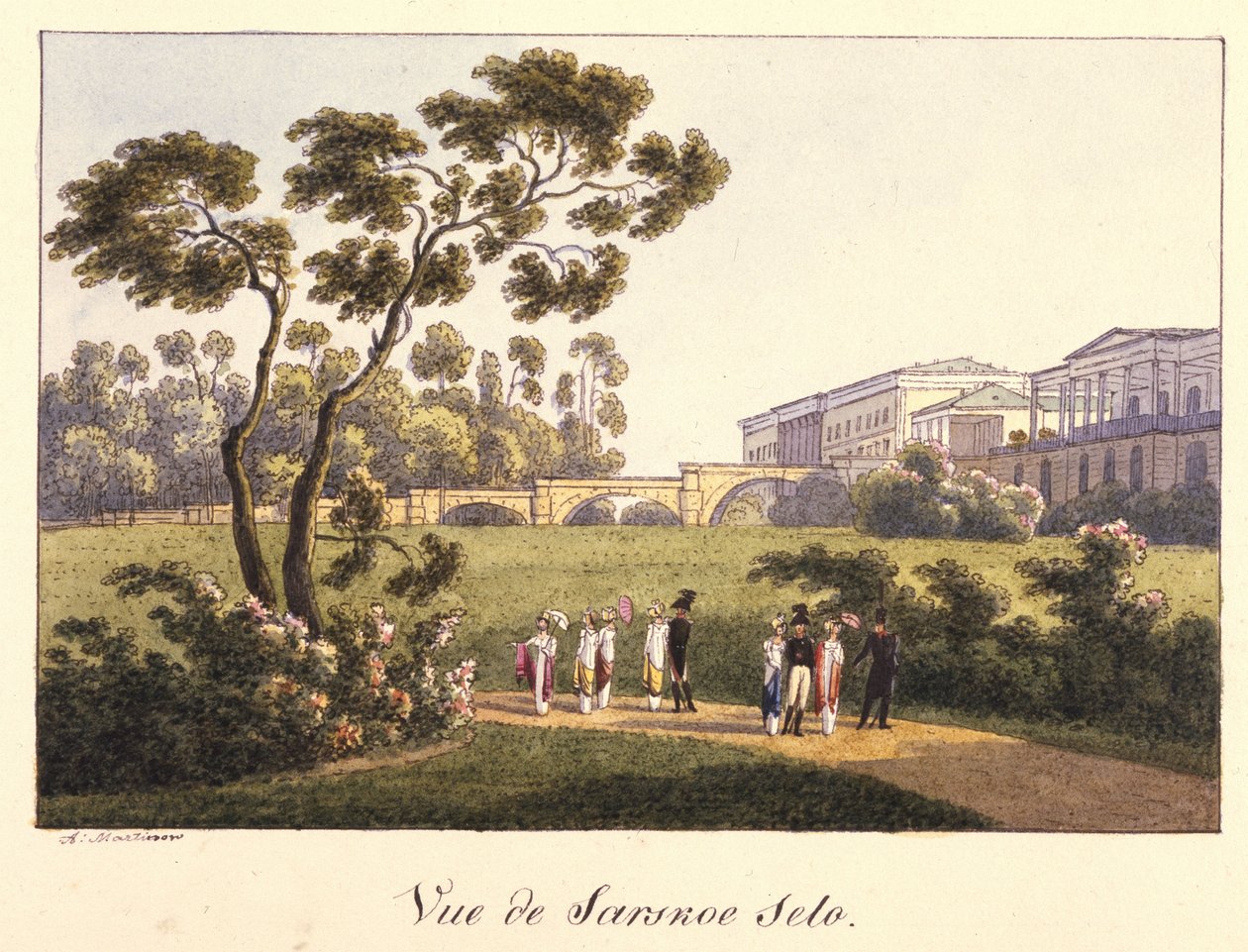 Utsikt over Cameron Gallery i parken i Tsarskoye Selo, før 1817 av Andrei Yefimovich Martynov