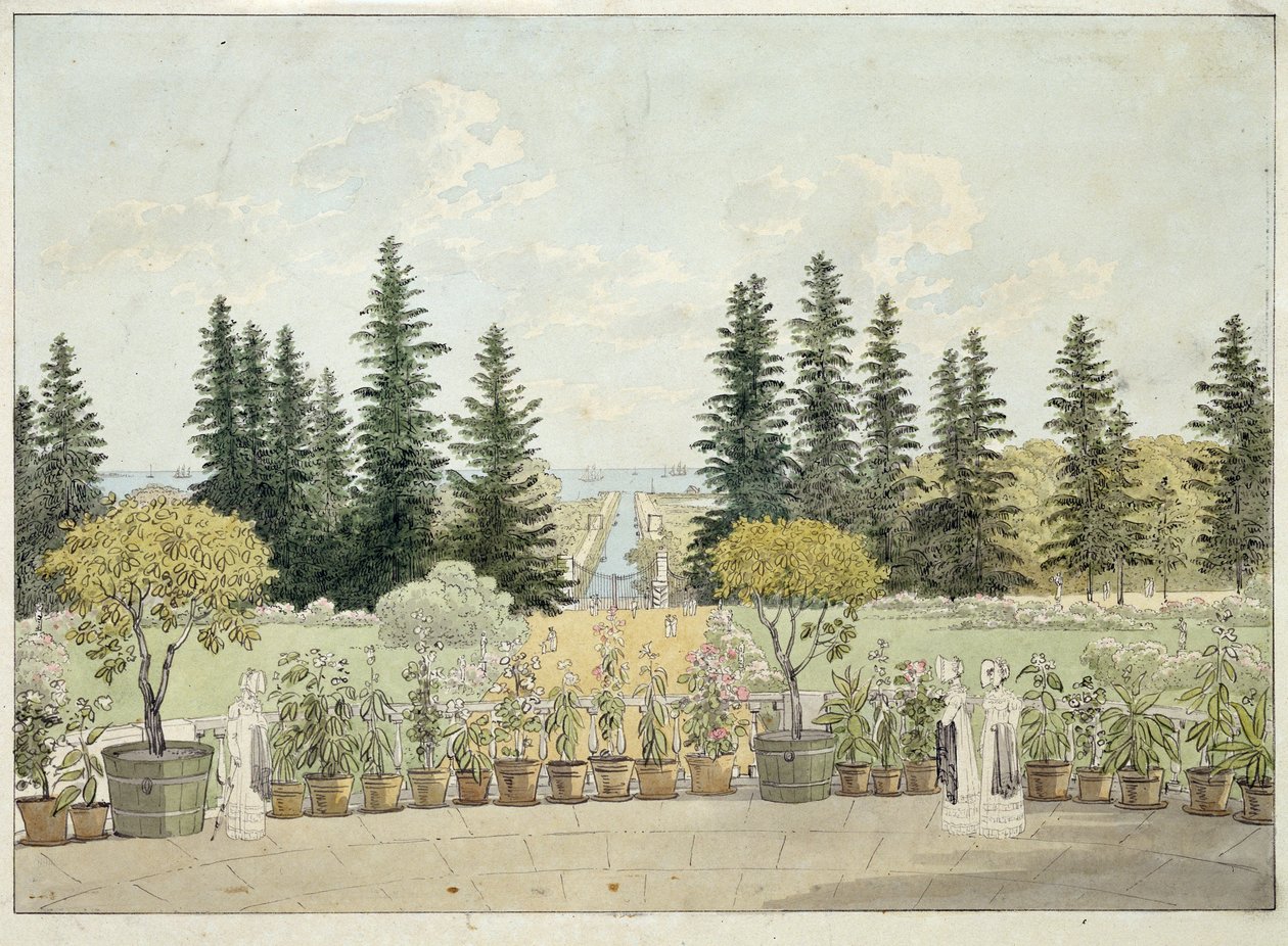 Utsikt fra terrassen til Oranienbaum-palasset i Lomonosov, St. Petersburg-byområdet (Utsikt fra terrassen til det store Oranienbaum-palasset). Verk av Andrei Yefimovich Martynov (1768-1826), akvarell på papir av Andrei Yefimovich Martynov