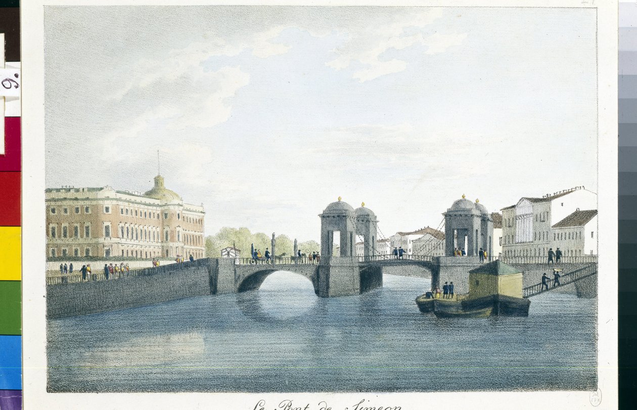 Utsikt over Simeon-broen i St. Petersburg. (Simeonbroen i St. Petersburg). Litografi og akvarell av Andrei Yefimovich Martynov (1768-1826) av Andrei Yefimovich Martynov